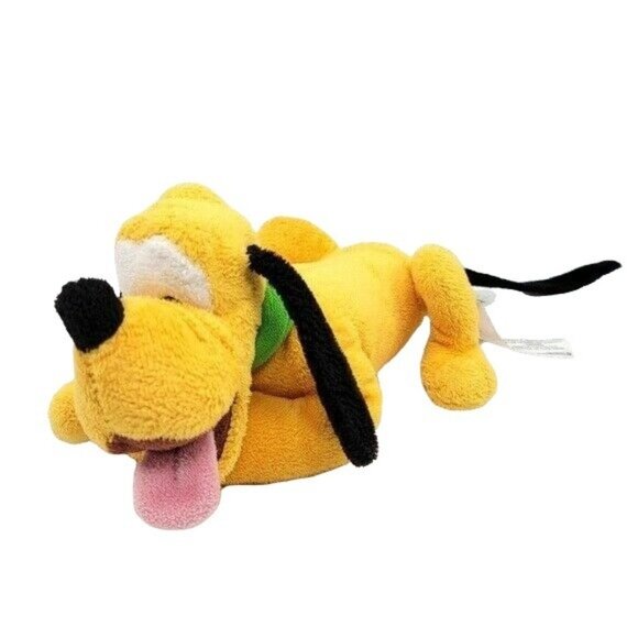 Disney Store Pluto Stuffed Animal Plush 8" Tongue Out Laying Down Green Collar - Picture 1 of 9